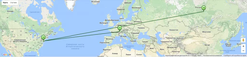Маршрут трафика при вызове сайта Яндекс, данные сервиса Visual Trace Route Tool
